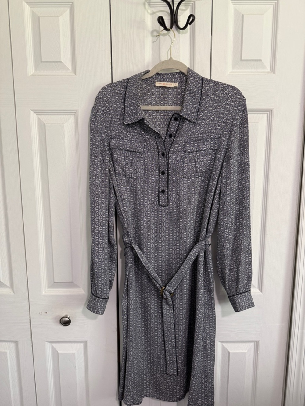 Tory Burch Navy Blue Printed Long-Sleeve Shirt Dress with Tie Belt